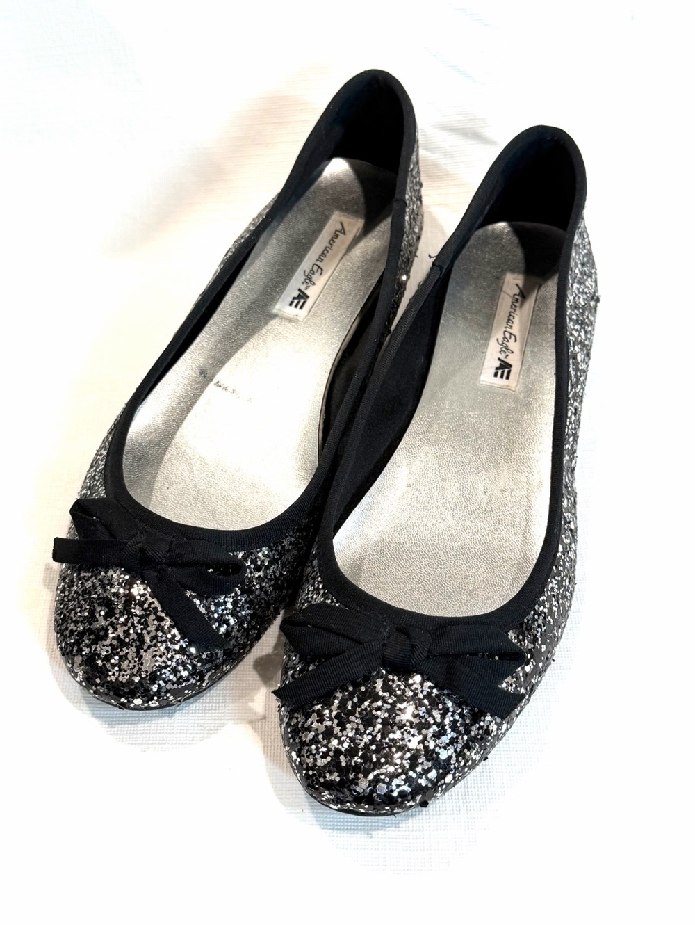 American Eagle Outfitters Black & Silver Glitter Ballet Flats with Bow Accent